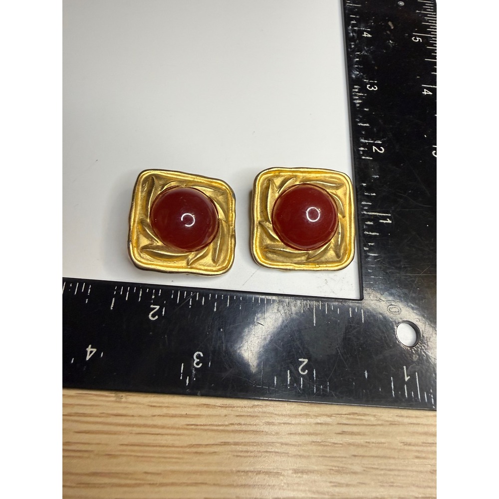 Vintage Gold Tone Red Cabochon Square Clip On Earrings 80s Retro Statement